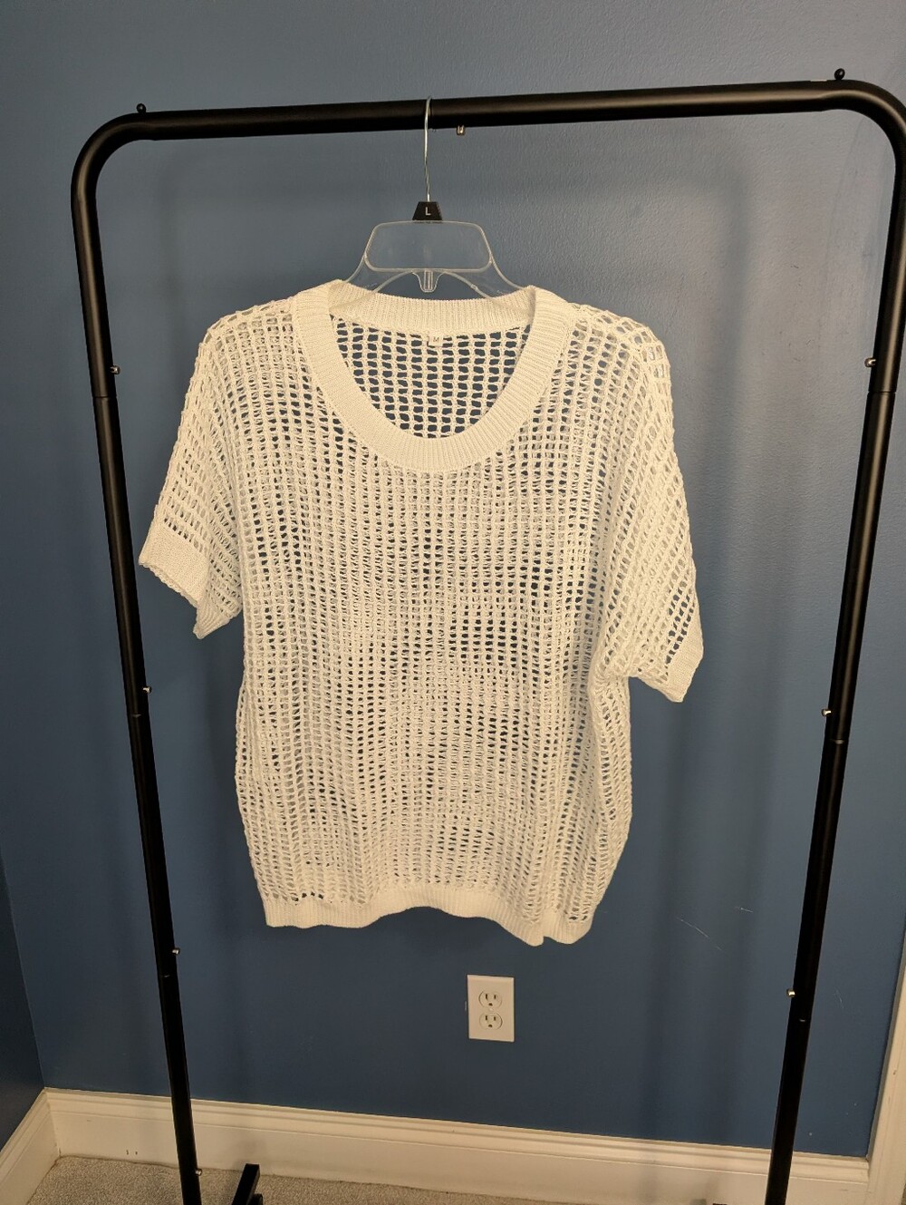 Women's White Open-Knit Short Sleeve Sweater